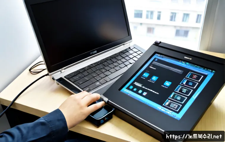 효창동 all boot options are tried - Photorealistic remote-support workstation in a compact Hyochang-dong apartment office, ultrabook con...