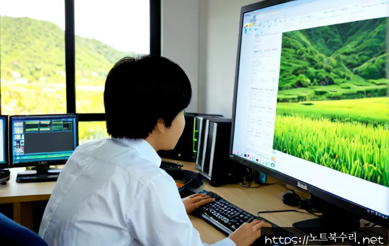 양서면 STATUS_IMAGE_CORRUPTION - Photorealistic remote-support workstation in a quiet riverside township office, dual monitors showin...