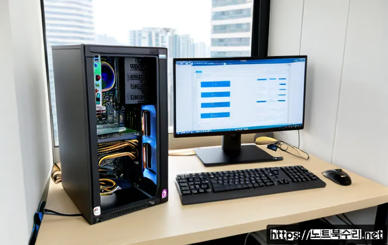 하지석동 STATUS_PAGEFILE_MISSING - Photorealistic IT support workstation in a compact Korean apartment office, dual monitors showing bl...