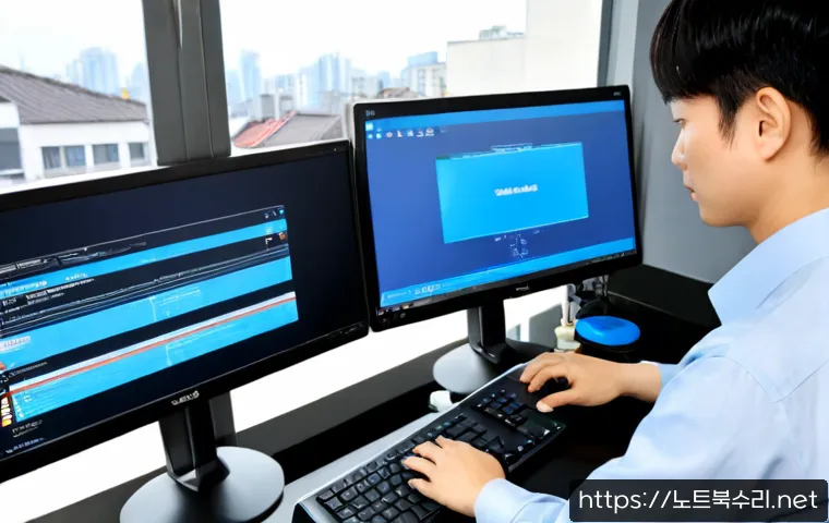 금산동 DRIVER_CORRUPTED_EXPOOL - Photorealistic IT support workstation in a compact Korean neighborhood office, dual monitors showing...