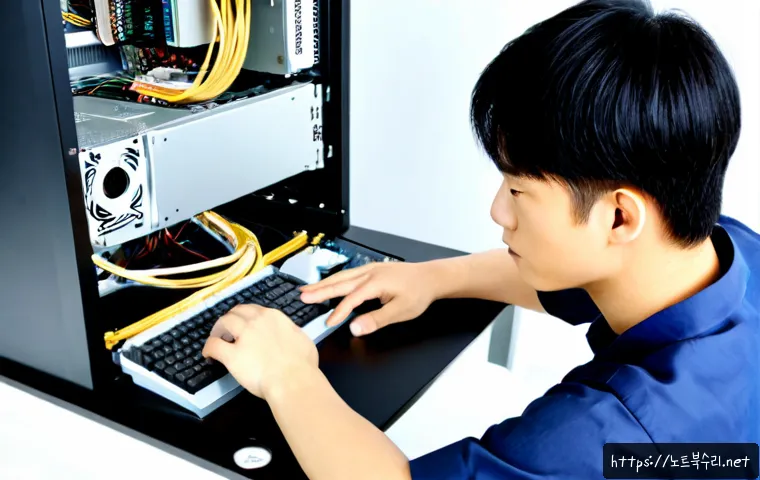 예관동 쿨러조립 및 교체수리 - Photorealistic PC repair workstation in a compact Euljiro-style office, technician installing a larg...