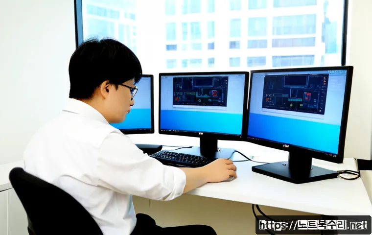 권선동 STATUS_RESOURCE_NOT_OWNED - Photorealistic IT support workstation in a modern Gwonseon-dong office, dual monitors showing an abs...