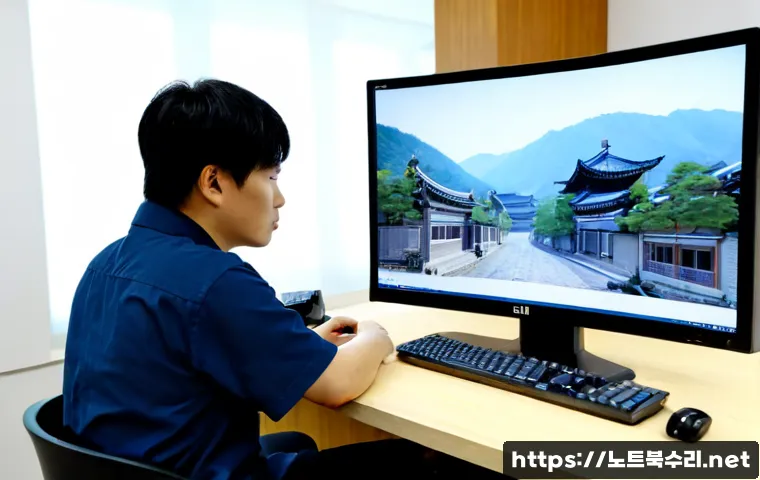 통의동 DPC_WATCHDOG_VIOLATION - Photorealistic remote-support workstation in a quiet Tongui-dong studio office, desktop monitor show...