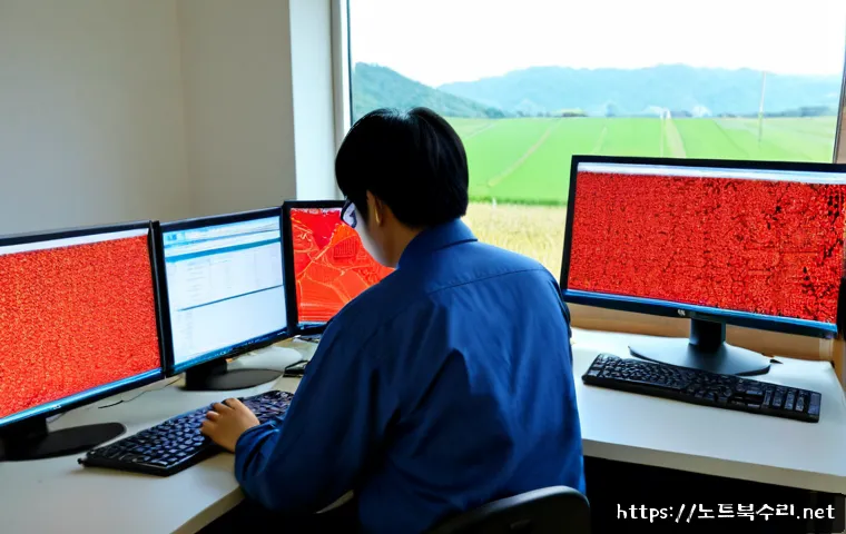 강화군 STATUS_STACK_BUFFER_OVERRUN - Photorealistic IT support workstation in a quiet Ganghwa County office, dual monitors showing abstra...