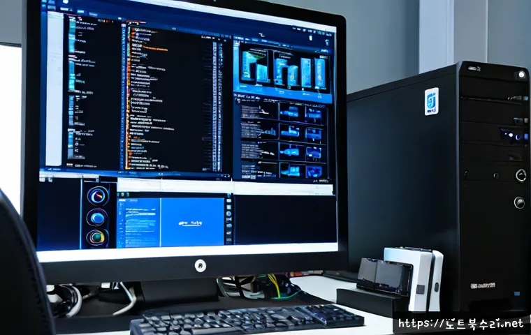 당동 STATUS_KERNEL_STACK_CORRUPTION - Photorealistic IT support workstation in a compact Dangdong office, dual monitors showing a non-read...