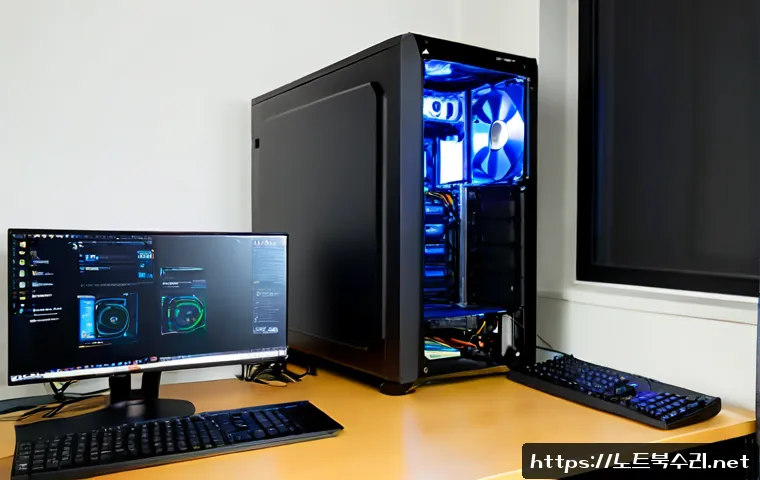 소사구 본체 꺼졌다 켜졌다 할때 - Photorealistic PC repair workstation in a compact Bucheon apartment office, desktop tower repeatedly...