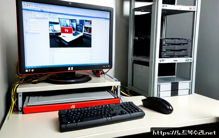 관수동 STATUS_IO_ERROR - Photorealistic compact software support workstation in an older central Seoul office, dual monitors ...