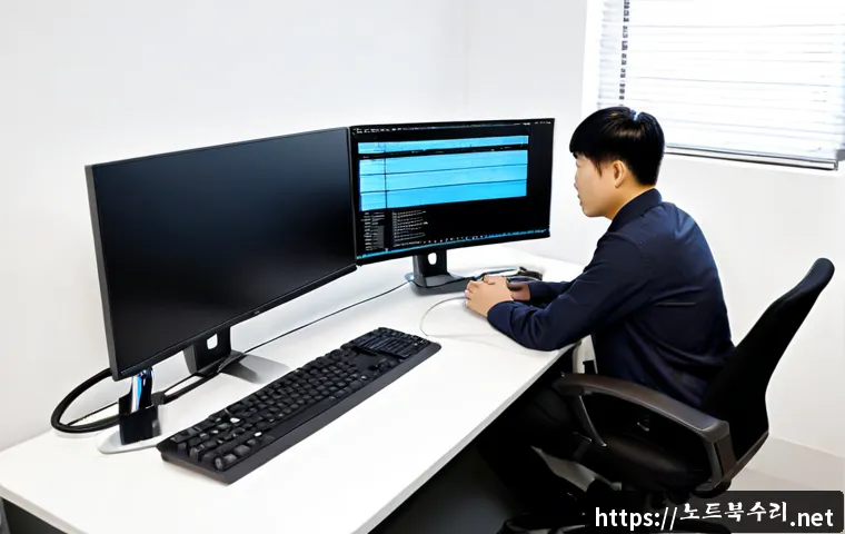 양사면 모니터화면 안나옴 - Photorealistic IT support scene in a compact modern office, dual-monitor workstation with the left d...