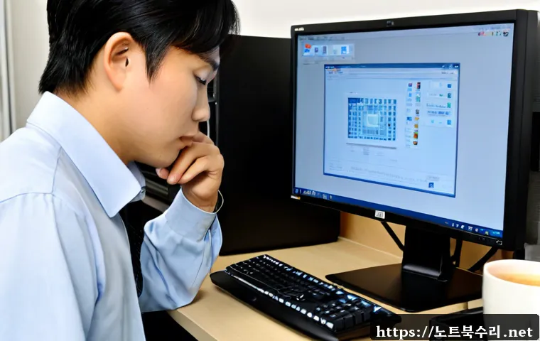 복정동 INVALID_KERNEL_HANDLE - Photorealistic IT support workstation in a modern suburban Korean office, technician examining a des...