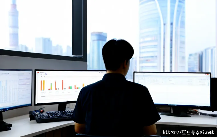 신현동 STATUS_PAGE_FAULT - Photorealistic IT support workstation in a modern apartment district office, dual monitors showing a...