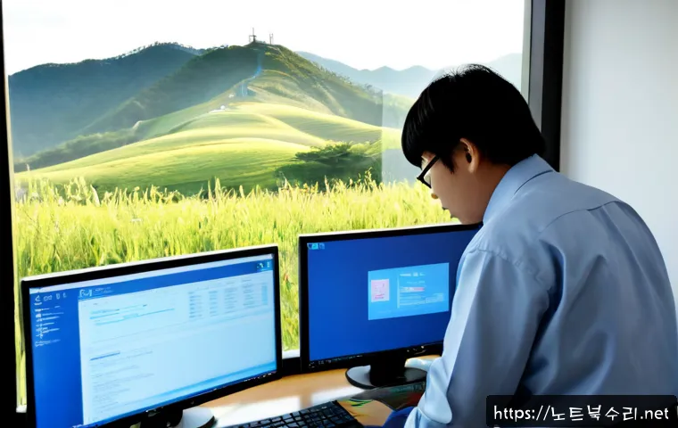 화도면 SYSTEM_THREAD_EXCEPTION_NOT_HANDLED - Photorealistic IT support workstation in a quiet semi-rural Korean office, desktop monitor showing a...