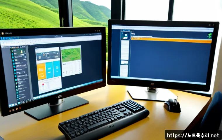 사송동 STATUS_KERNEL_MODULE_ACCESS_DENIED - Photorealistic remote-support workstation in a modern Sasong-dong apartment, dual monitors showing a...