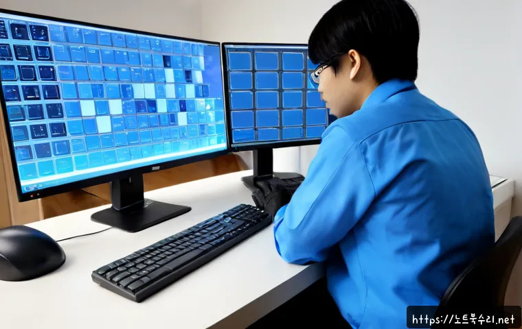 강일동 POOL_HEADER_CORRUPTION - Photorealistic IT support workstation in a modern apartment office, dual monitors showing a clean ab...