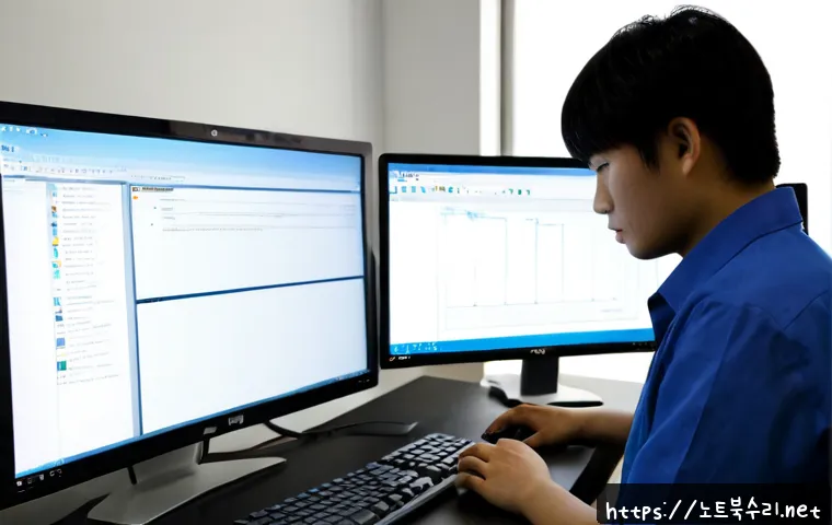 장안면 STATUS_KERNEL_RESOURCE_ERROR - Photorealistic IT support workstation in a quiet semi-rural industrial office, dual monitors showing...