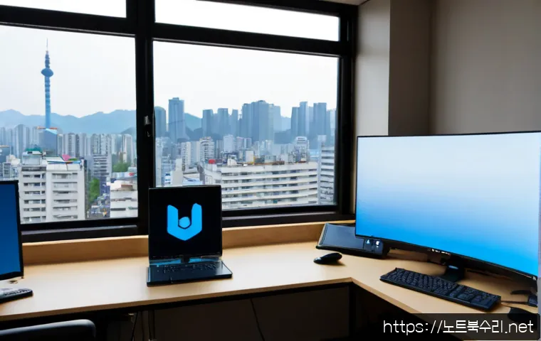 증산동 CRITICAL_PROCESS_DIED - Photorealistic remote IT support workstation in a compact modern office, dual monitors showing a bla...