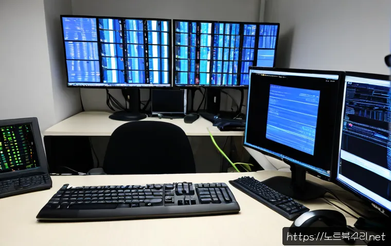 벌음동 STATUS_KERNEL_DATA_CORRUPTION - Photorealistic IT support workstation in a compact Beoreum-dong office, dual monitors showing abstra...