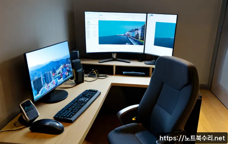 수궁동 STATUS_IMAGE_CORRUPTION - Photorealistic remote-support workstation in a compact Sugung-dong apartment office, dual monitors s...