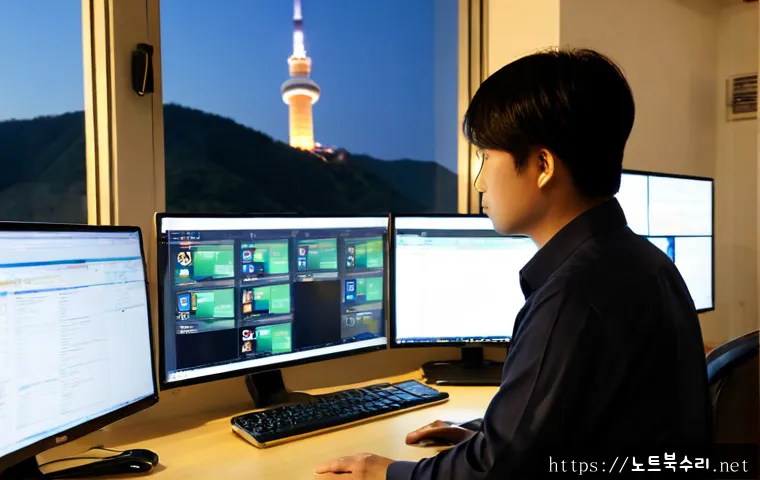 금호동 STATUS_INVALID_IMAGE_FORMAT - Photorealistic IT support workstation in a compact Geumho-dong apartment office, dual monitors showi...