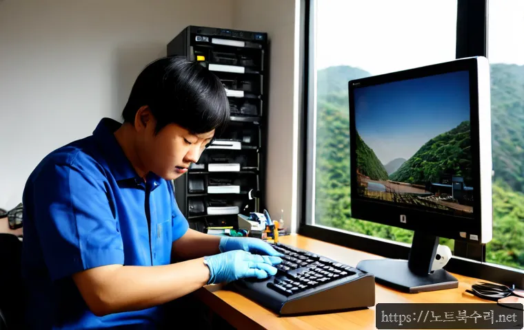 금오동 컴퓨터 desktop 출장방문수리점 - Photorealistic desktop computer repair visit in a compact Geumoh-dong apartment workspace, technicia...