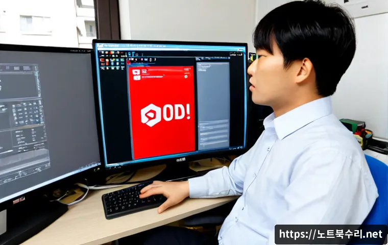 자작동 STATUS_DISK_FULL - Photorealistic compact office workstation in Jajak-dong, a frustrated IT technician beside a desktop...