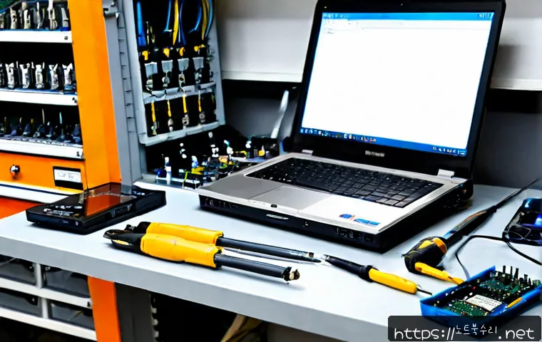 퇴촌면 맥북프로 판매 및 수리 - Photorealistic premium laptop repair bench in a quiet Toechon-myeon electronics workshop, unbranded ...