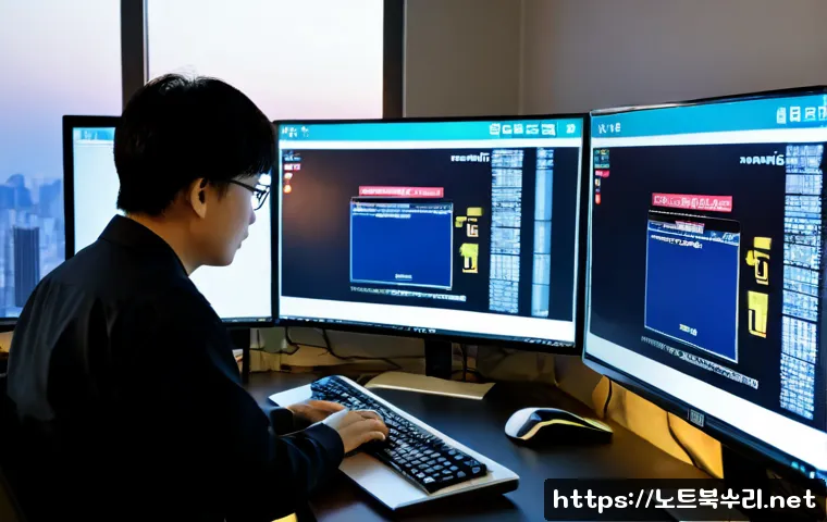 서초동 STATUS_FILE_INVALID - Photorealistic IT support workstation in a refined Seocho-dong office, dual monitors displaying an a...