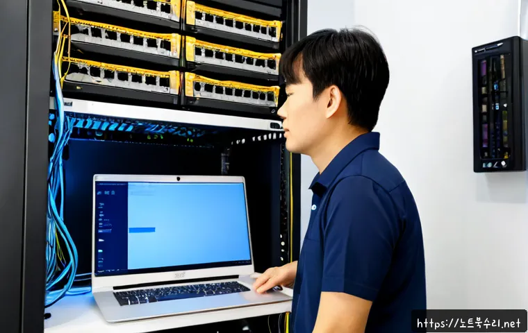 신진동 네트워크구축 설정 및 세팅오류해결 - Photorealistic IT technician configuring a compact office network rack in a modern Sindong-dong work...