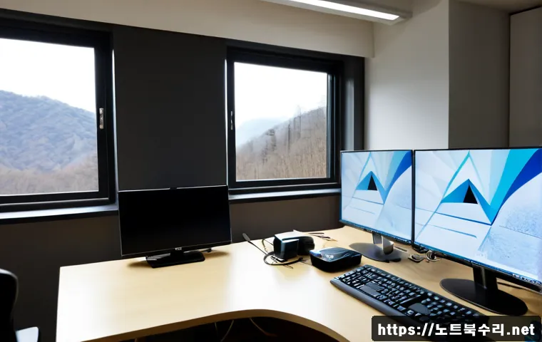 원삼면 STATUS_KERNEL_THREAD_INTERRUPTED - Photorealistic remote-support workstation in a quiet rural Korean office, dual monitors showing an a...