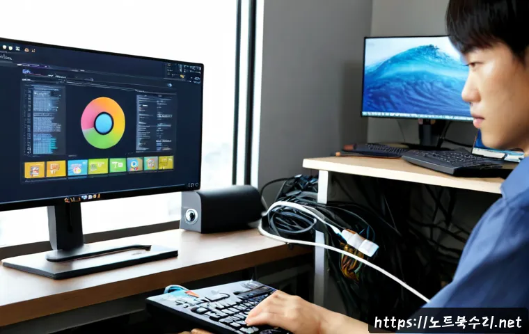 만안구 STATUS_INVALID_SESSION - Photorealistic remote IT support workstation in Anyang Manan district, dual monitors showing a blurr...