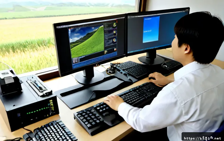 교동면 DRIVER_CORRUPTED_EXPOOL - Photorealistic IT support workstation in a quiet rural Korean office, technician diagnosing a deskto...
