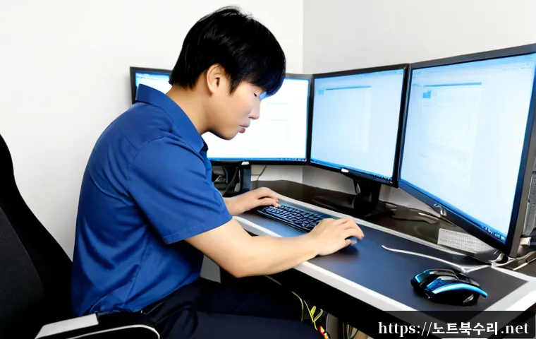 산성동 STATUS_KERNEL_DRIVER_CORRUPTION - Photorealistic IT support workstation in a compact Korean apartment office, dual monitors showing a ...