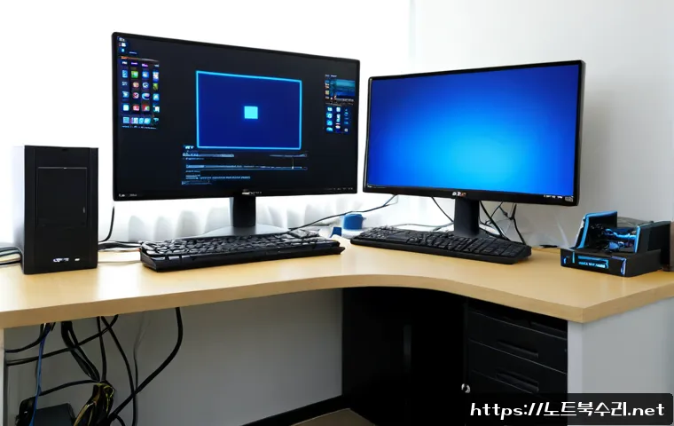 둔촌동 블루스크린 - Photorealistic computer repair workstation in a compact Dongchon-dong apartment office, dual monitor...