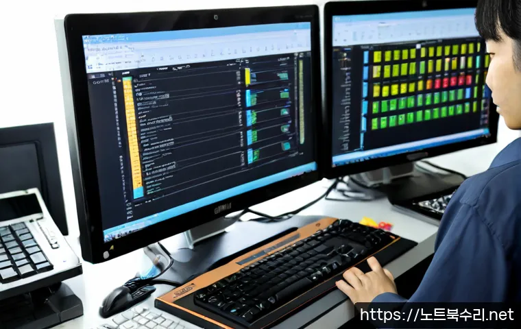부림동 POOL_HEADER_CORRUPTION - Photorealistic IT support workstation in a compact neighborhood office, dual monitors showing a corr...