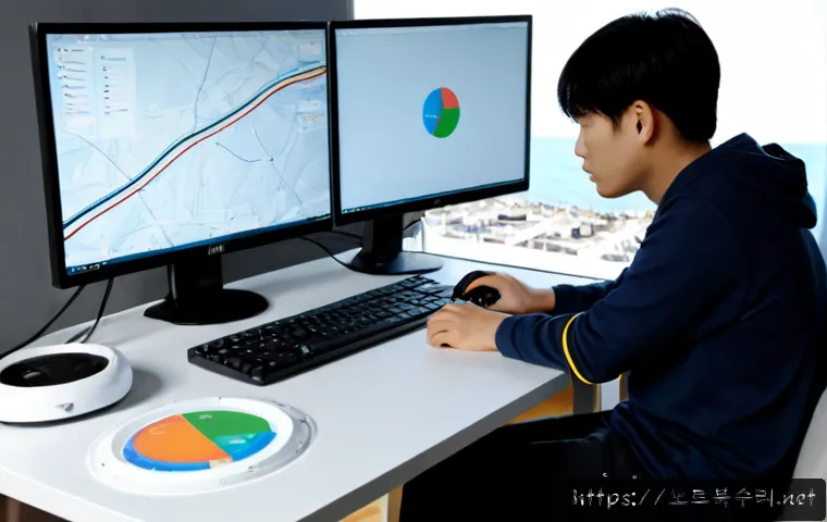 신현원창동 STATUS_FLOAT_INVALID_OPERATION - Photorealistic modern desktop workstation in a compact apartment near a quiet coastal-industrial dis...