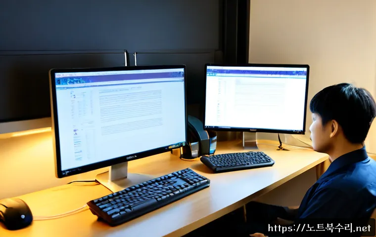 안암동 PROCESS_HAS_LOCKED_PAGES - Photorealistic software support workstation in a compact Anam-dong apartment office, dual monitors s...