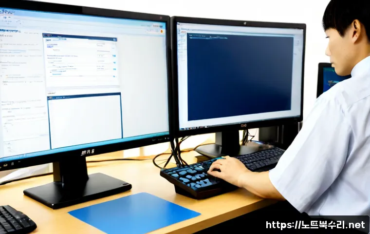 충현동 STATUS_ILLEGAL_INSTRUCTION - Photorealistic remote IT support workstation in a quiet Korean residential district office, dual mon...