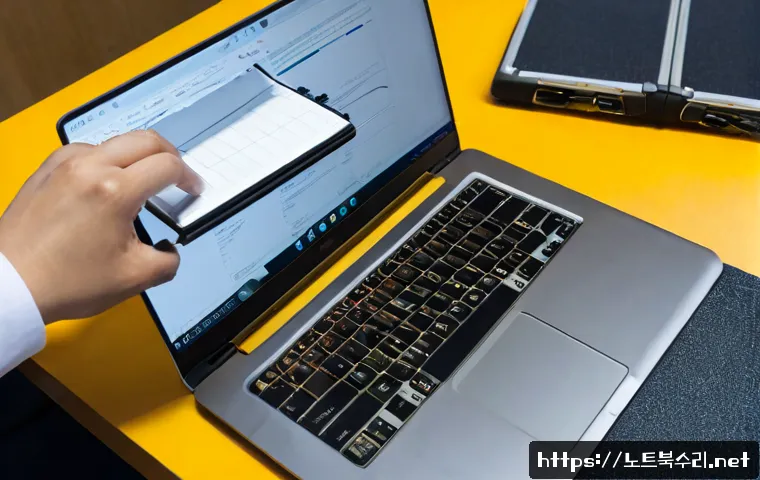유방동 맥북에어 판매 및 수리 - Photorealistic laptop repair workshop in a quiet Korean residential commercial district, technician ...