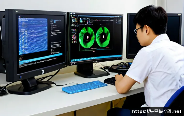 평동 STATUS_KERNEL_BLOCKED - Photorealistic IT support workstation in a quiet Pyeongdong industrial office, dual monitors showing...