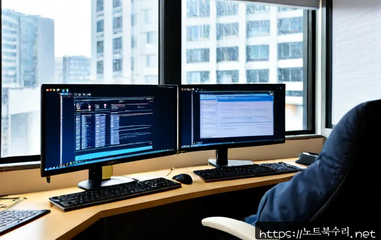 신촌동 STATUS_FILE_CORRUPTION - Photorealistic remote-support workstation in a compact Sinchon apartment office, dual monitors showi...