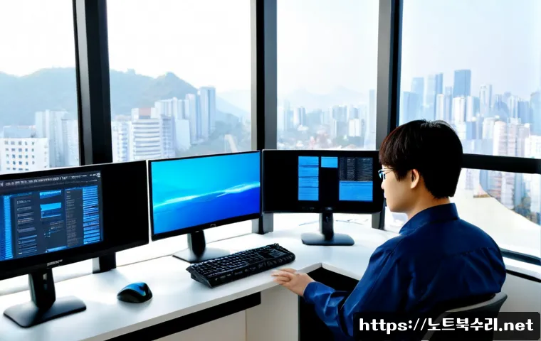 다율동 KERNEL_SECURITY_CHECK_FAILURE - Photorealistic IT support workstation in a modern Daryul-dong office, dual monitors showing abstract...