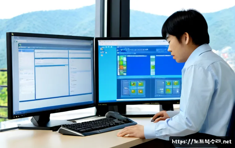 남양주 VIDEO_TDR_FAILURE - Photorealistic remote-support workstation in Namyangju, dual monitors showing a frozen blue-toned sy...