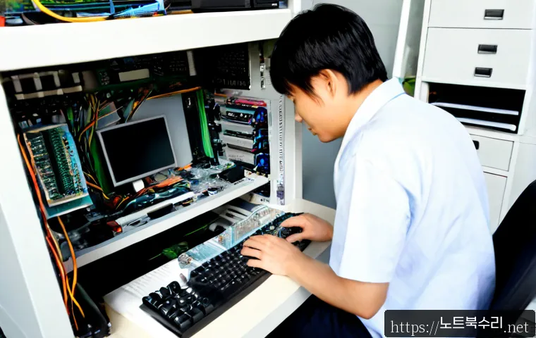길상면 메인보드조립 및 교체수리 - Photorealistic computer repair workstation in a quiet Ganghwa Island township, technician carefully ...