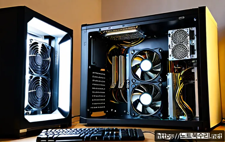 배알미동 본체 꺼졌다 켜졌다 할때 - Photorealistic desktop computer repair scene in a compact Korean apartment workspace, tower PC repea...