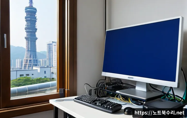 운연동 STATUS_MEMORY_VIOLATION - Photorealistic compact home office in Unyeon-dong, a desktop workstation showing a blank cobalt syst...
