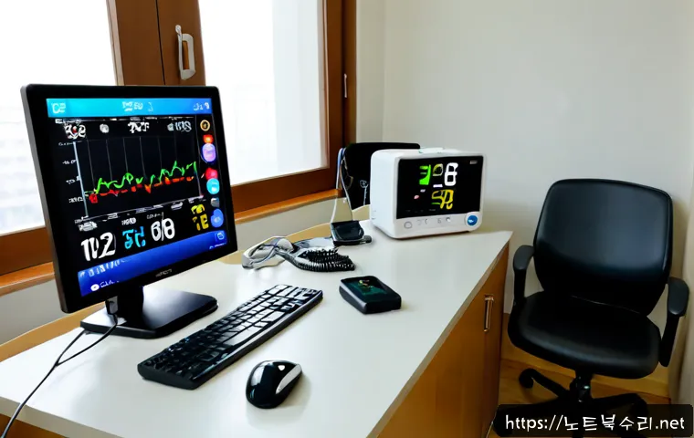 운남동 USER_MODE_HEALTH_MONITOR - Photorealistic home health-monitoring workstation in a quiet Yunam-dong apartment, desktop computer ...