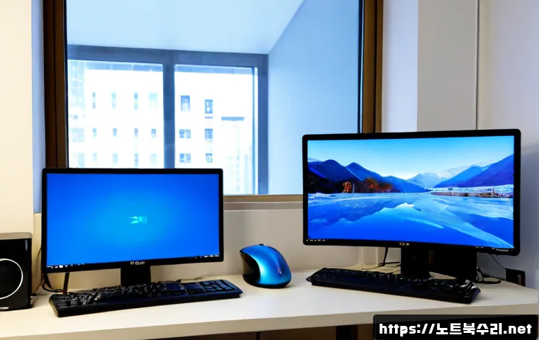 태평동 CLOCK_WATCHDOG_TIMEOUT - Photorealistic remote-support workstation in a compact Taepyeong-dong office, dual monitors showing ...