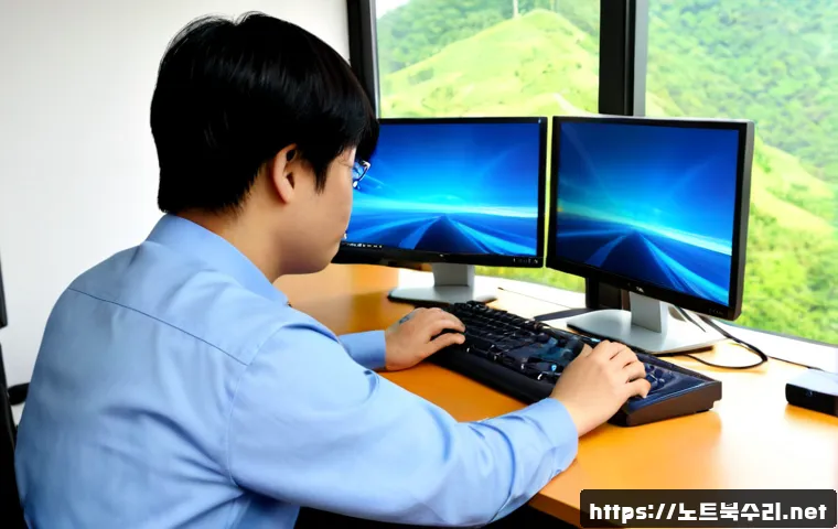 화도읍 WIN32K_POWER_WATCHDOG_TIMEOUT - Photorealistic remote IT support workstation in Hwado-eup, dual monitors showing an abstract blue sy...