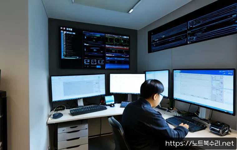 의주로 DRIVER_VERIFIER_DETECTED_VIOLATION - Photorealistic IT support workstation in a compact Uiju-ro office, dual monitors showing abstract dr...