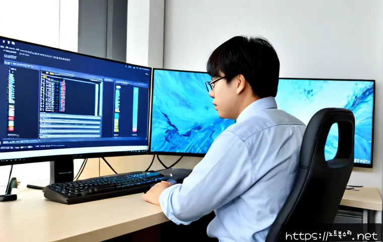 초평동 SYSTEM_THREAD_EXCEPTION_NOT_HANDLED - Photorealistic IT support workstation in a compact Korean office near Chopyeong-dong, dual monitors ...