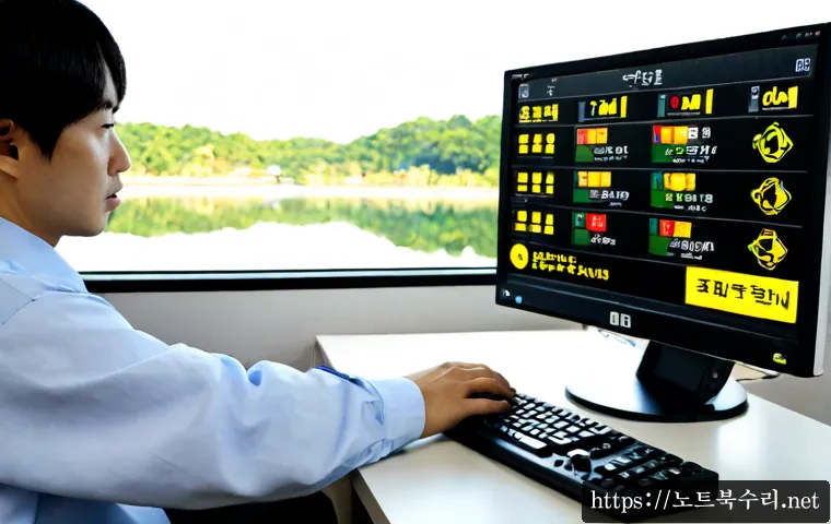 하성면 REGISTRY_ERROR - Photorealistic remote-support workstation in a quiet Korean riverside township office, desktop monit...
